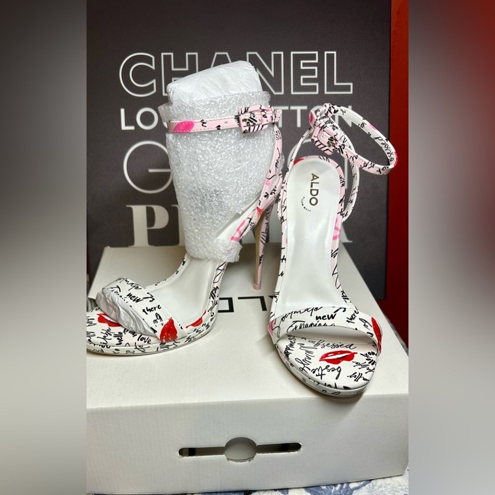 Aldo White and Red Script Heels